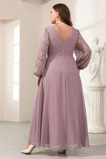 Robe de mère de la mariée à manches longues en mousseline de soie violette avec appliques